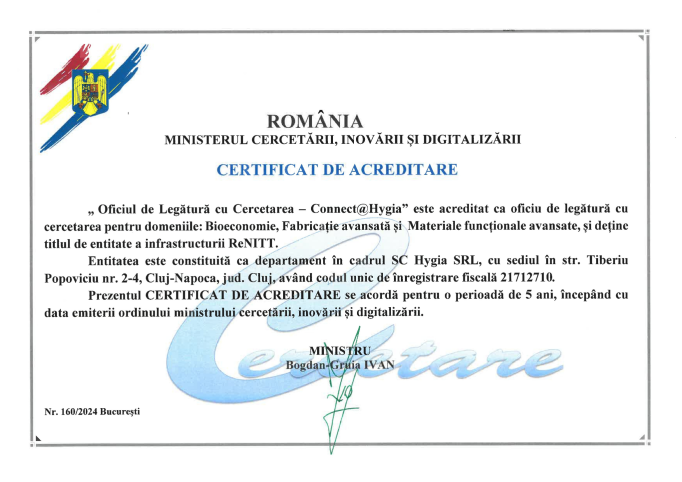 Hygia acreditată Oficiu de Legătură cu Cercetarea Hygia acreditată Oficiu de Legătură cu Cercetarea